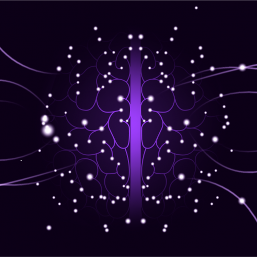 Abstract image of glowing dots around a purple line